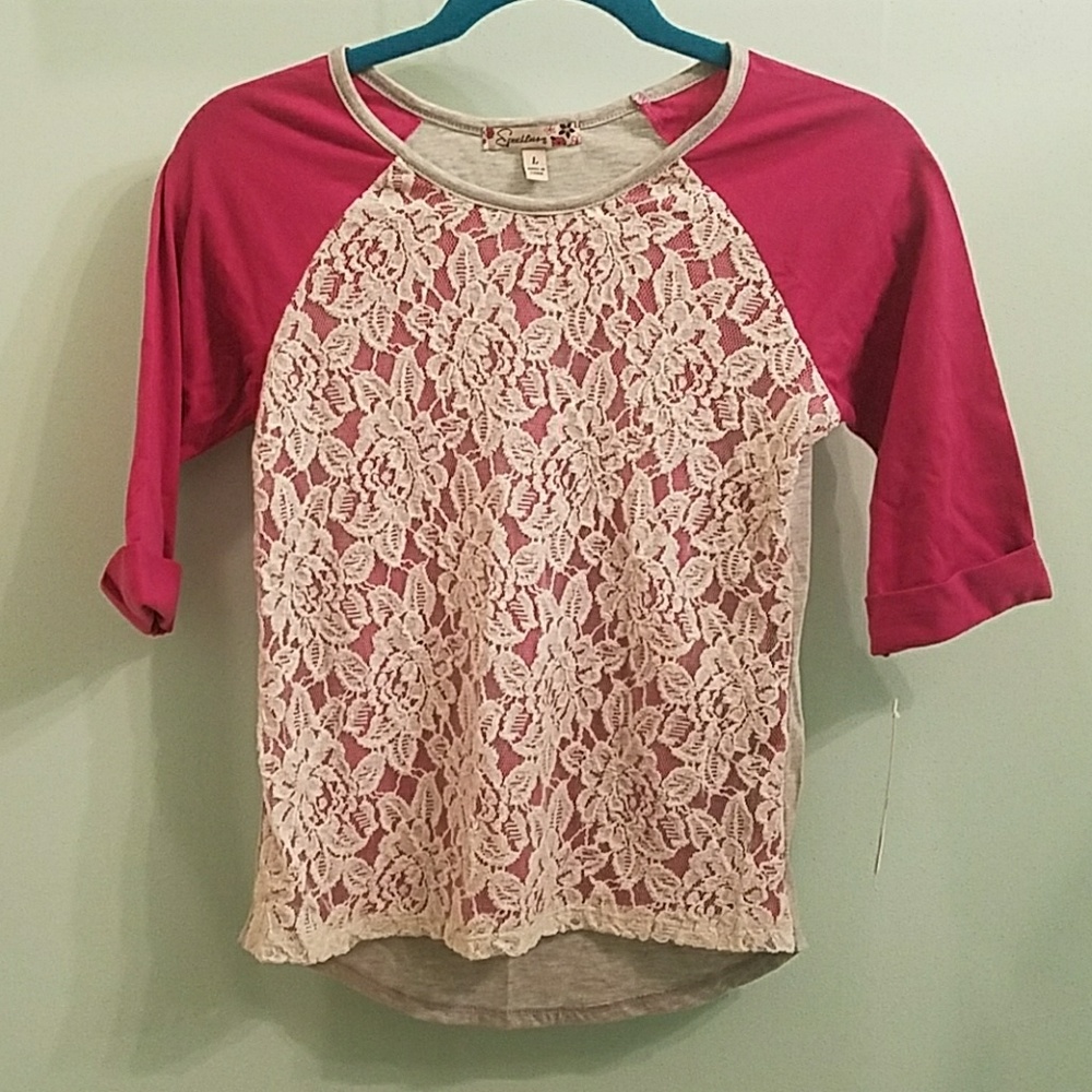 Pink and White lace quarter length shirt